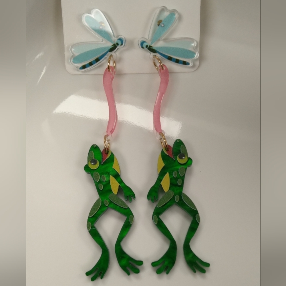 Green Frog Earrings with Pink Accents